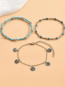 3pcs Stack Anklets Ankle Bracelets For Women Adjustable Waterproof Beach Jewelry Set Boho Gold Seashell Bead Surf Foot Chain Summer Gifts - Multicolor - View 9