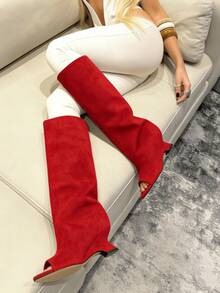 Knee High Boot Open Toe Kitten Heel Stiletto Heeled Boots For Woman Suede Wide Calf Long Boots Heeled Slouchy Formal Shoes Winter Tall Boots For Women - 紅色絨面A - 查看 9
