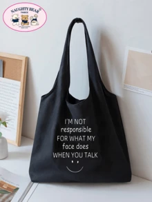 Fashionable Canvas Tote Bag With Letter Print - Black - View 8