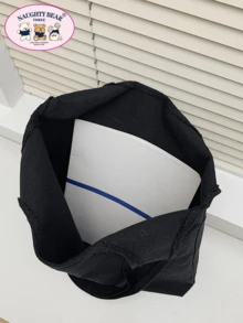 Fashionable Canvas Tote Bag With Letter Print - Black - View 3