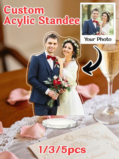 1/3/5 piezas, Soporte de escritorio de acrílico personalizado con foto de boda, se puede personalizar con foto de pareja, accesorios de escritorio de oficina, soportes de personajes, exhibición de acrílico personalizada, multifuncional, ornamental, reutilizable, exquisita, elegante, de alta calidad, colorida, moderna, única, para renovar el hogar, adecuada como regalo del Día de San Valentín, decoración de boda, hogar, oficina y dormitorio.