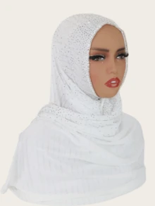 1pc Women's Striped Knit Elastic Fabric Diamond Crafted Viscose Maxi Scarf, Malaysian Hijab Fashion Headscarf - Chain-studded Long Scarf - View 18