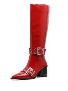 Women's Knee High Heels Boots Pointed Toe Punk Style Buckle Strap Long Boots Y2K Chunky Heels Side Zipper Mid-Calf Boots Halloween Party Long Boots For Women - 紅色 - 查看 2