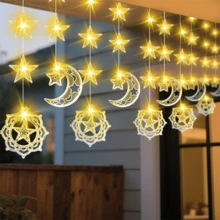 1串星月灯串，80颗LED灯珠，USB供电，8种模式，室内闪烁星月窗帘灯，适用于卧室、墙壁和窗户装饰，是斋月、生日派对和家居装饰的完美选择。 - USB - 查看 7