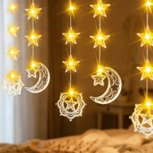 1串星月灯串，80颗LED灯珠，USB供电，8种模式，室内闪烁星月窗帘灯，适用于卧室、墙壁和窗户装饰，是斋月、生日派对和家居装饰的完美选择。 - USB - 查看 6