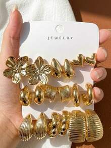 6/18pcs Gold Flower, Heart & Geometric Earring Set, Fashionable & Elegant, Suitable For Daily Wear, Parties And Events - Gold - View 1