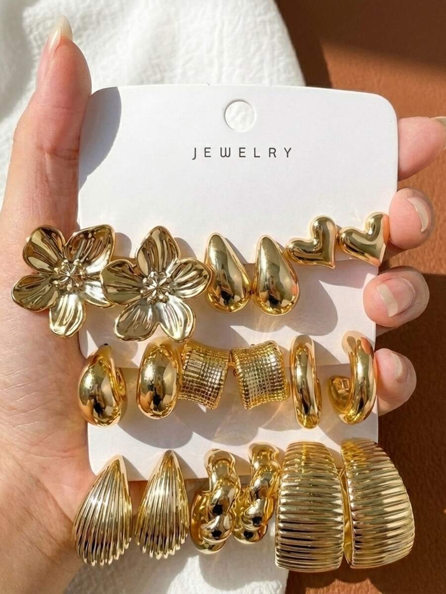 6/18pcs Gold Flower, Heart & Geometric Earring Set, Fashionable & Elegant, Suitable For Daily Wear, Parties And Events - Gold - View 1