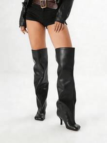Over Knee Boot Square Toe Kitten Heel Stiletto Heeled Boots For Woman Suede Wide Calf Long Boots Heeled Slouchy Formal Shoes Winter Tall Boots For Women - 黑色B - 查看 5