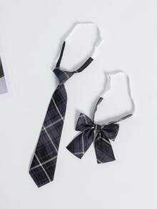 1 Set Classic School Uniform Navy Blue Plaid Tie & Bow Tie Combo - Multicolor - View 2