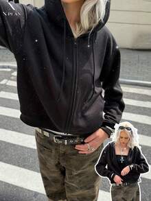 Sweat-shirt zippé à capuche avec strass ciel étoilé, veste de survêtement noire de conception de niche - Noir - Voir 2