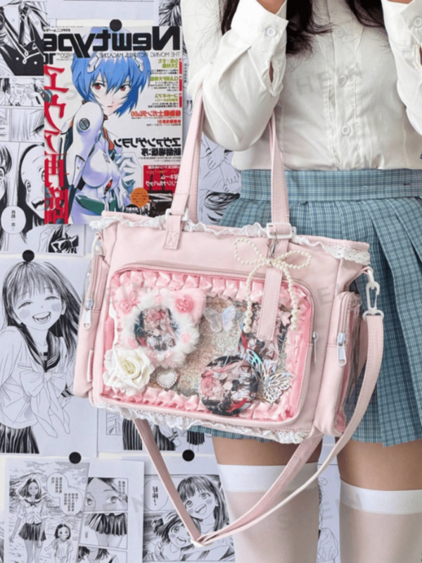 1个可爱日系女孩单肩包，饰有珍珠蝴蝶结和蕾丝边，优雅可爱，透明装饰，适合角色扮演、动漫展、日常使用，可拆卸可调节肩带，大容量手提包，适合学生、可爱时尚的女士手提包、钱包、痛包，可用于购物、聚会、展示动漫周边、旅行、上学等。