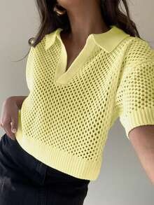纯色半透明网纱V领T恤，女士款，优雅性感，美式风格，通勤约会皆宜，短袖，春夏皆宜 - 黃 - 查看 1
