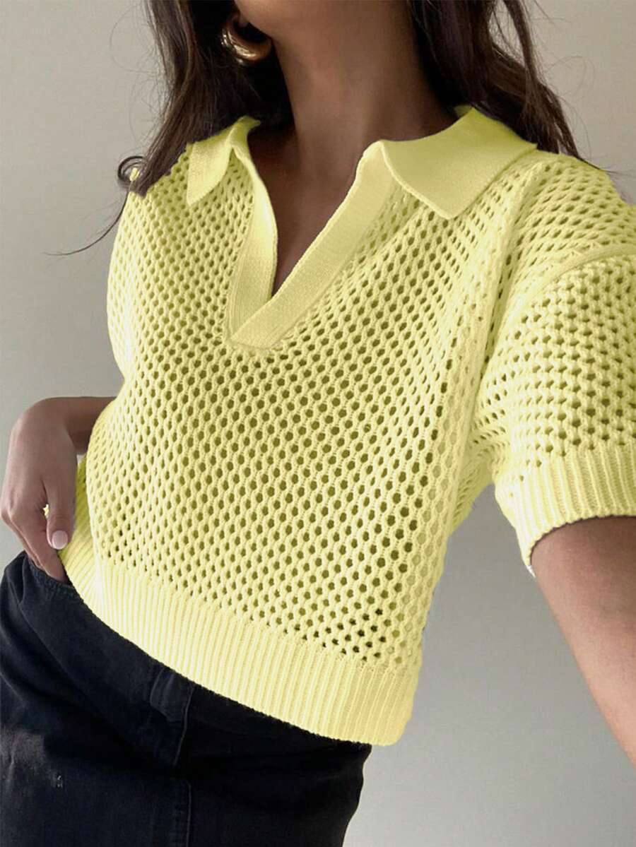 纯色半透明网纱V领T恤，女士款，优雅性感，美式风格，通勤约会皆宜，短袖，春夏皆宜 - 黃 - 查看 1