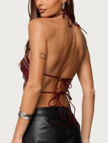 Women's Y2k Beaded Sequin Halter Tank Tops Sleeveless Back Tie Up Slim Fitted Backless Crop Vest Going Out Streetwear Party Concert Tops Clubwear - Màu Đỏ Sâu - Xem 6