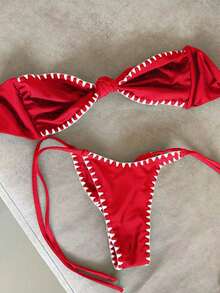 Women's Elegant Red & White Striped Lace Backless Sexy Beach Vacation Bikini Set, Suitable For Valentine's Day Summer - Red - View 1