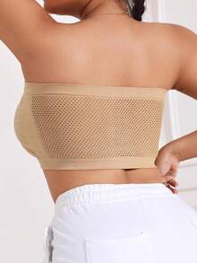 Plus Size Women's Strapless Bandeau Bra – Seamless Invisible Push-Up, Front-Closure Wireless Comfort, Back Mesh For Slimming & Support – 3-Row Hook, Ultra-Stretchy Off-Shoulder Solid Color Underwear - Khaki - View 4