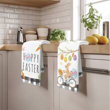 2 piezas Toallas de cocina con diseño de conejo de Pascua montado en bicicleta y patrón de huevo, de material de poliéster suave, adecuadas para decoración de cocina, limpieza, decoración de fiesta festiva, artículos esenciales de cocina y baño, decoración del hogar, regalo de inauguración de casa - Multicolor - Ver 6