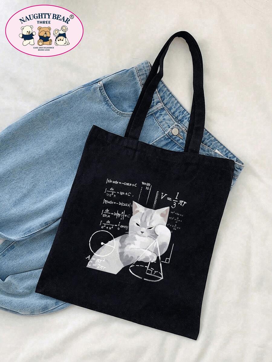 1 件黑色手提包，印有猫咪思考数学问题图案，女士帆布购物袋，适合户外使用，轻便，便携，适合少女、女大学生，非常适合返校、大学、初中、高中 - 黑色 - 查看 1