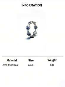 S925 纯银几何戒指，镶嵌闪亮锆石和邪眼图案，高品质女士珠宝 - 銀色 - 查看 7