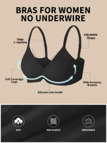Plus Size Women's Jelly Strap Soft Support Bra, Wireless Padded Push Up Bra - Black - View 5