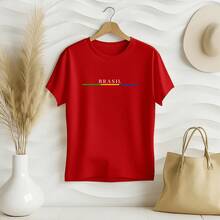 Women's Plus Size Printed T-Shirt Brazil Cup Brazilian Championship 100% Premium Cotton Summer Gym Workout Blouse Brazilian Shirt - 紅色 - 查看 2