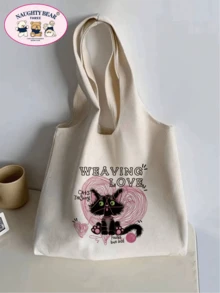 1 件时尚米色毛茸茸猫和编织印花帆布手提包，适合女士，购物袋书包，大容量，轻便，便携，适合少女女大学生，非常适合返校、大学、中学、高中、工作、商务、通勤 - 米色 - 查看 2