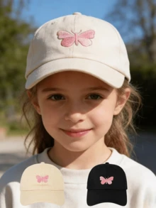 儿童蝴蝶刺绣棒球帽，时尚百搭遮阳帽，春夏款，1顶 - 1PC - 查看 1