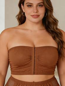 Plus Size Women's Strapless Bandeau Bra – Seamless Invisible Push-Up, Front-Closure Wireless Comfort, Back Mesh For Slimming & Support – 3-Row Hook, Ultra-Stretchy Off-Shoulder Solid Color Underwear - 棕色 - 查看 3