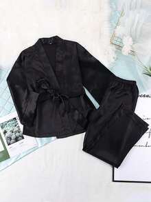 Spring And Autumn Satin Cardigan Tie-Waist Pajamas Set, Solid Color Home Wear, Slim Fit Women's Pajama Two-Piece Set - Black - View 5