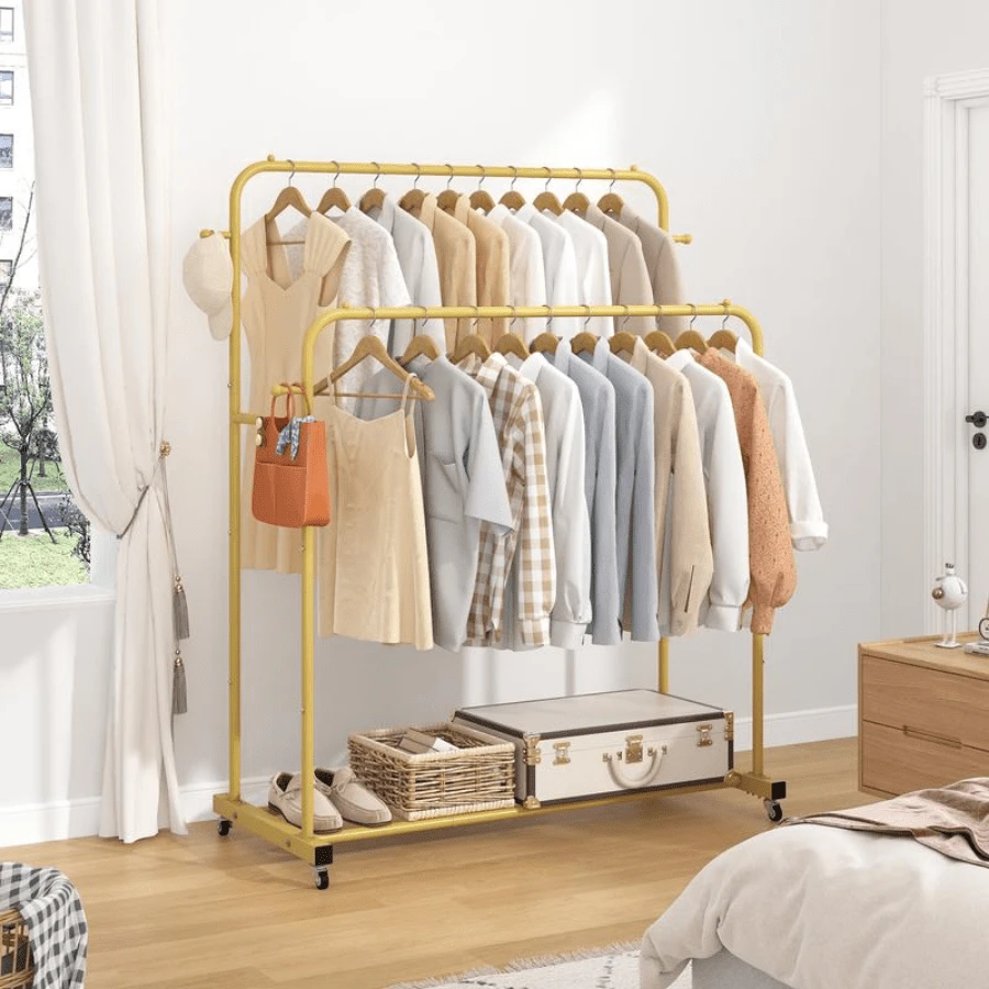 Adjustable Double Rod Clothing Organizer With Wheels And 4 Hooks – Mobile Garment Rack For Hanging Apparel, Multi-Use Closet Solution For Bedroom Storage - 金色 - 查看 1