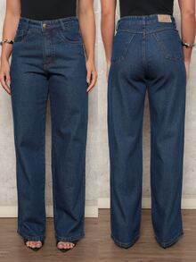 Women's Wide Leg Pants 100% Denim Fabric High Waist SimpleelegantCasualPartyJeansButtonZipperPocketJeans - 中藍色 - 查看 1