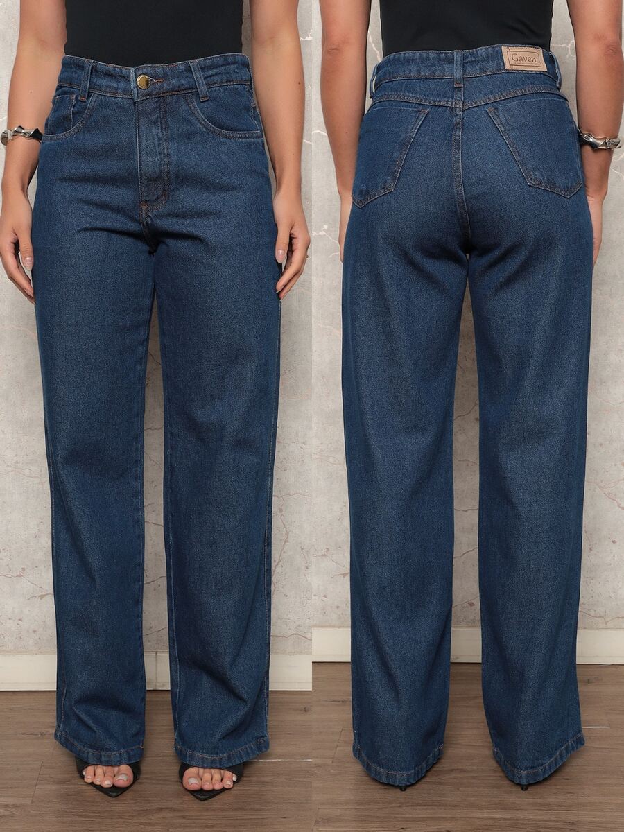 Women's Wide Leg Pants 100% Denim Fabric High Waist SimpleelegantCasualPartyJeansButtonZipperPocketJeans - 中藍色 - 查看 1