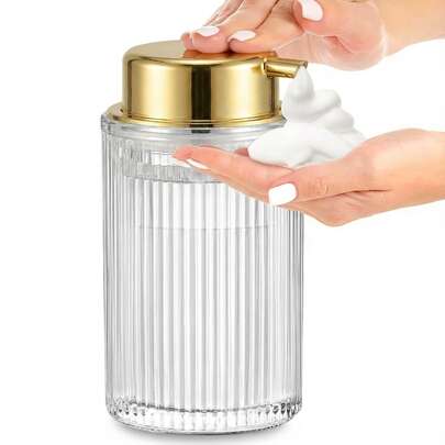 竖条纹透明玻璃泡沫皂液器，宽口设计，易于安装，加厚底部泵瓶，适用于浴室和厨房