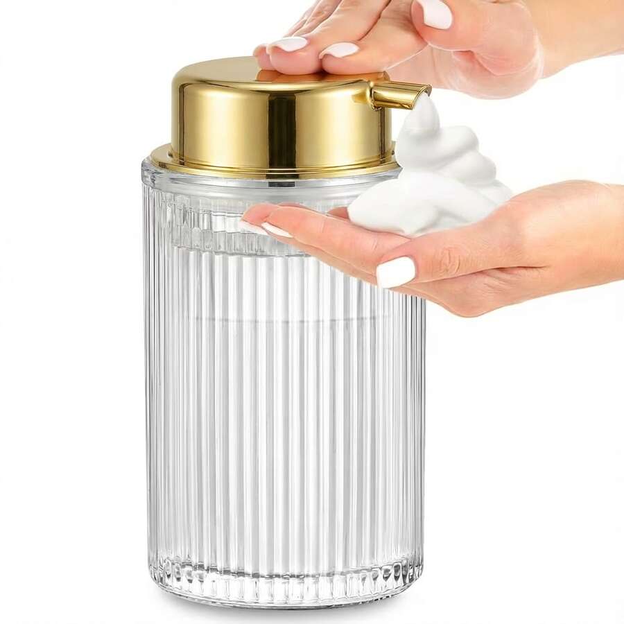 竖条纹透明玻璃泡沫皂液器，宽口设计，易于安装，加厚底部泵瓶，适用于浴室和厨房 - 均碼 - 查看 1