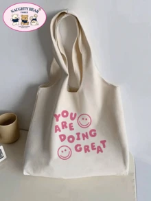 1 chiếc túi vải tote dành cho nữ có in hình mặt và chữ, hoàn hảo để mua sắm, nhẹ, di động, sức chứa lớn, phù hợp cho nữ sinh trung học, sinh viên đại học, hoàn hảo cho ngày tựu trường, đại học, trung học cơ sở, trung học phổ thông - Màu be - Xem 3