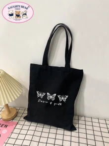 时尚蝴蝶图案和字母印花购物袋书包，大容量，经典休闲，可折叠，便携，适合少女女大学生，非常适合返校、购物、初中、高中、大学，蝴蝶包情人节 - 黑色 - 查看 8