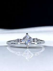 1pc S925 Sterling Silver Synthetic Cubic Zirconia Geometric Square Engagement/Wedding Ring For Women, Suitable For Daily Wear, Holidays And Anniversaries - Silver - View 4