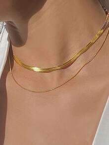 1件S925纯银双层蛇骨项链，时尚简约女士颈链 - 金色 - 查看 1