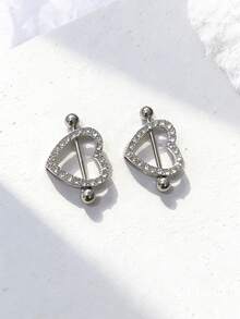 2pcs Elegant Sparkling Cubic Zirconia Heart, Flower, Butterfly, Moon Hoop Earrings, Stainless Steel Barbell Nipple Rings Body Piercing Jewelry - Silver - View 15