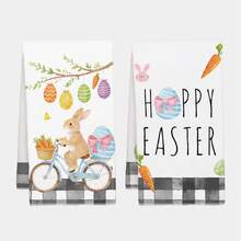 2 piezas Toallas de cocina con diseño de conejo de Pascua montado en bicicleta y patrón de huevo, de material de poliéster suave, adecuadas para decoración de cocina, limpieza, decoración de fiesta festiva, artículos esenciales de cocina y baño, decoración del hogar, regalo de inauguración de casa - Multicolor - Ver 11