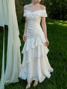 女士优雅浪漫露肩荷叶边舞会礼服 情人节派对晚宴鸡尾酒会生日约会春夏