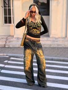 Damska, casualowa, modna, street punkowa koszulka z nadrukiem czaszki i złotych liter, z kapturem i długim rękawem, dopasowana, wiosna/jesień - Czarne - Zobacz 6