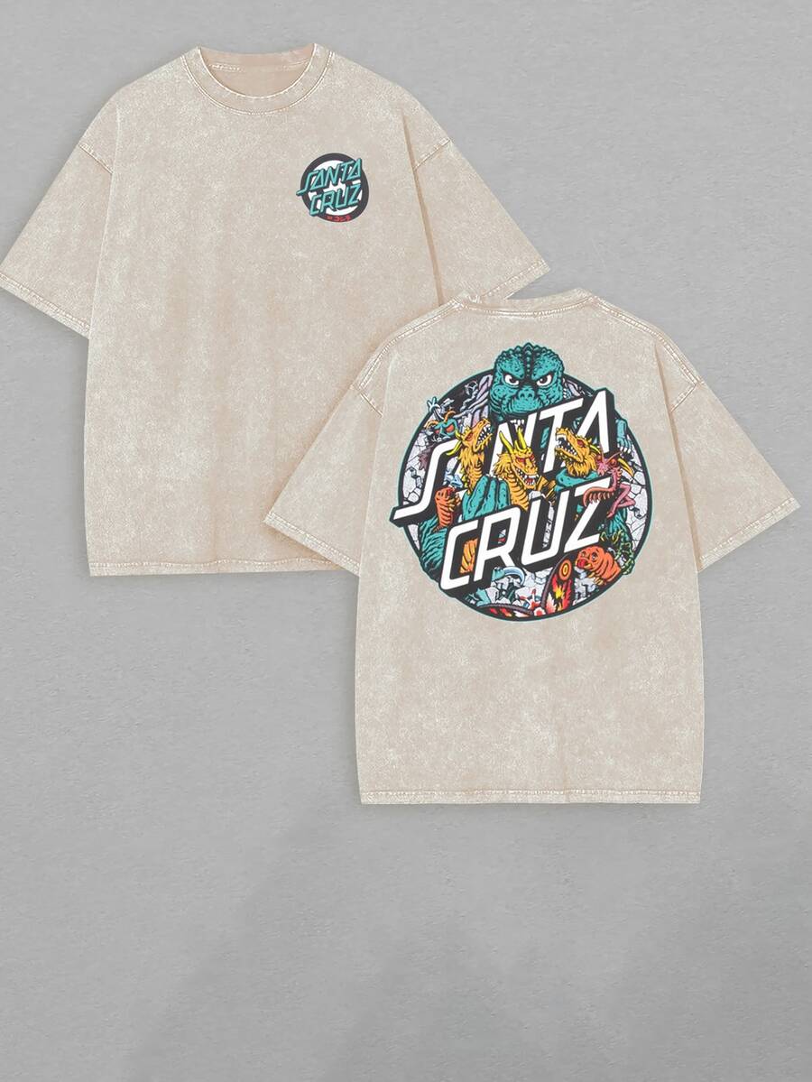 Santa Cruz Monster Roskop Dot Printed Unisex Washed T-Shirts, Printed Unisex Oversized T-Shirts With A Certain Thickness Suitable For Summer T-Shirts, Daily Wear, Suitable For All Kinds Of Holiday Gifts. - 杏色 - 查看 1