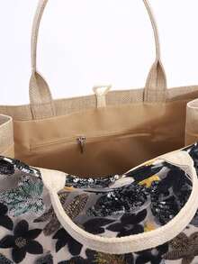 1 chiếc túi tote vải lanh phối lưới đính sequin nhiều màu sắc, thiết kế thêu hoa lá thời trang, túi đeo vai vuông dung tích lớn, túi mua sắm đi biển thường ngày (Họa tiết hoa được phân bố ngẫu nhiên) - màu đen - Xem 10