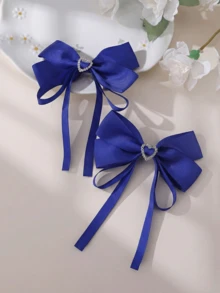 2 Pcs Royal Blue Hair Bows Clips For Women Girls, Large Grosgrain Ribbon Long Tail Bowknots With Sparkly Rhinestone Heart, Aesthetic Hair Accessories For Ponytail, Daily School Party Fashionable On Casual Outings., Claw Clips, Hair Slide, Hair Barrettes - Blue - View 4