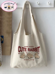 1pc Beige Canvas Tote Bag For Women With Cute Rabbit & English Letter Print, Great For Shopping - Beige - View 2