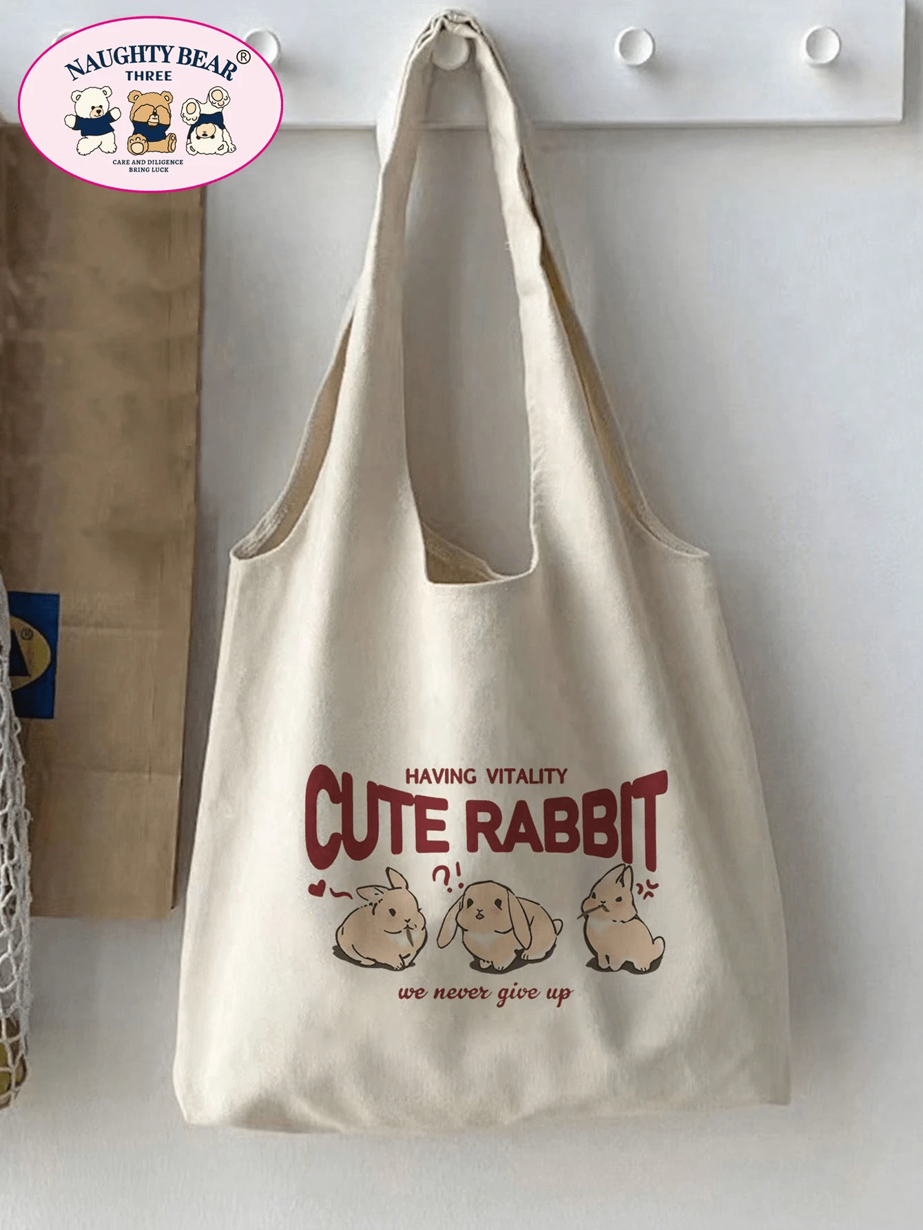 1pc Beige Canvas Tote Bag For Women With Cute Rabbit & English Letter Print, Great For Shopping