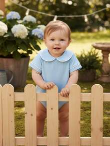 Baby Boy Girl Bubble Romper Infant Short Sleeve Collar Romper Oversize T-Shirt Cotton Bodysuit Top - Màu xanh lam - Xem 4