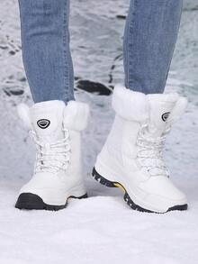 女士系带中筒雪地靴，中筒冬季鞋，户外休闲运动靴，百搭休闲鞋，适合冬季旅行 - 白色 - 查看 3
