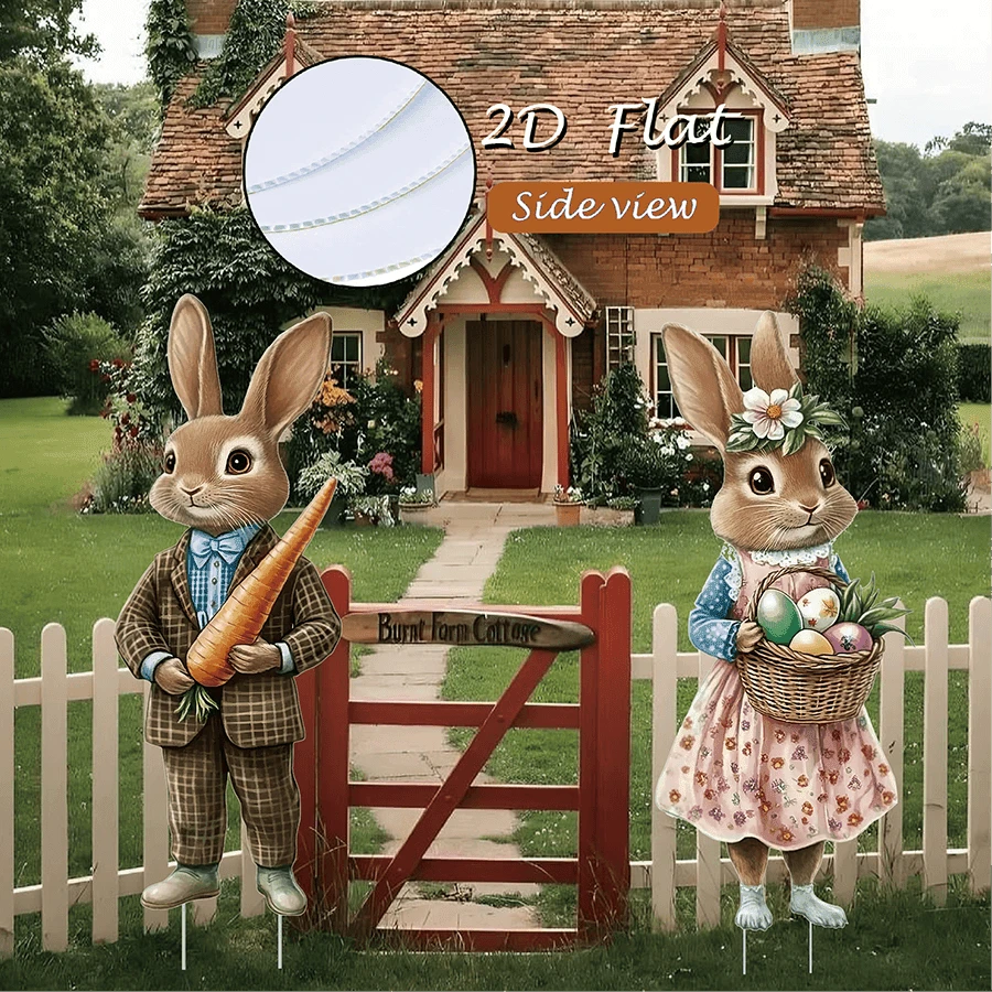 2 Peças Conjunto de Decoração de Jardim Coelho Plano, Inclui Suporte, Coelho Vintage, Cenoura, Ovos, Placas de Decoração de Jardim, Adequado para Festa de Páscoa, Decoração de Jardim ao Ar Livre e Arranjo de Primavera - Multicolorido - Visão 1